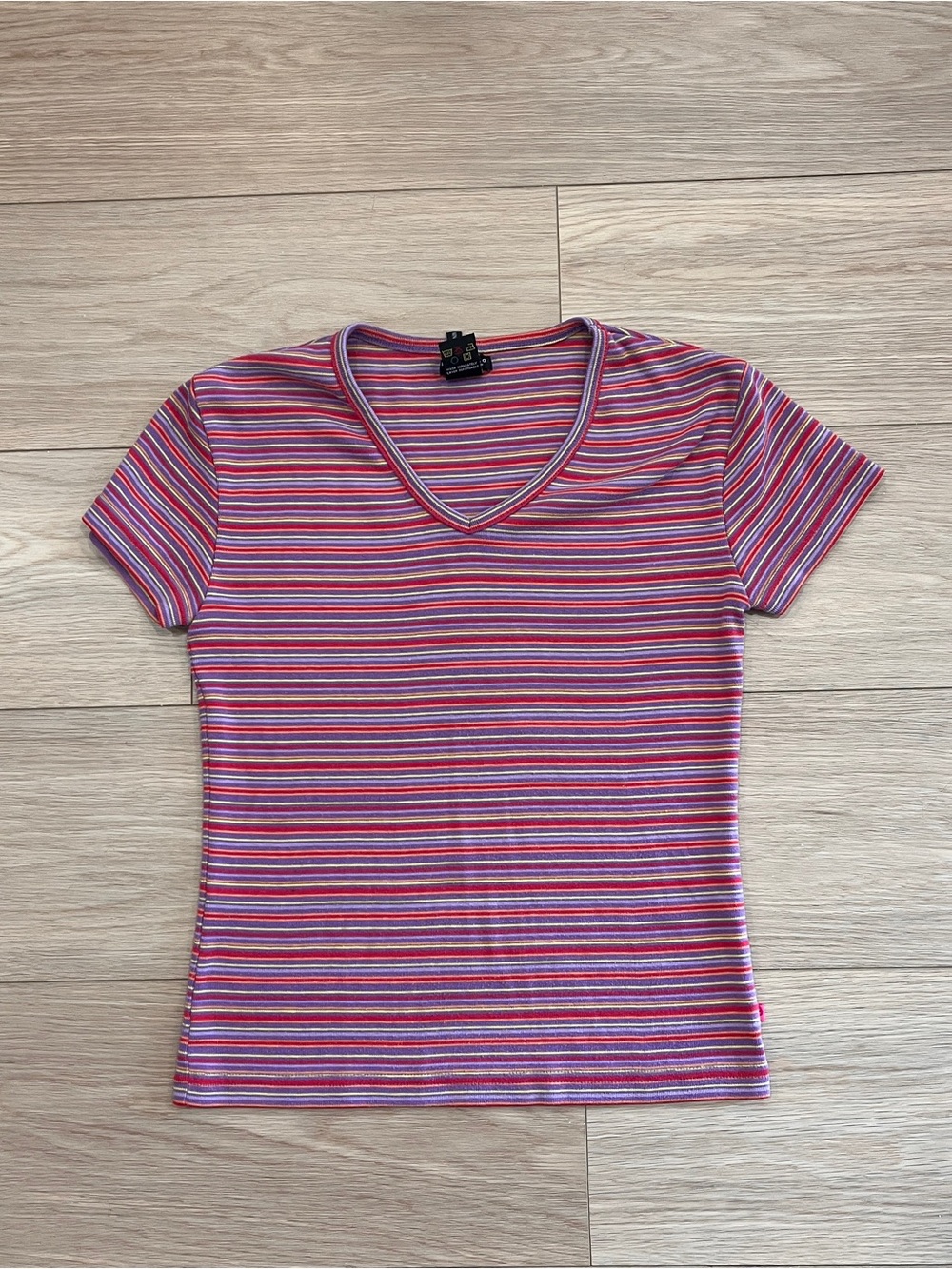 Buffalo David Bitton Y2K Multicolor Striped V Neck T-Shirt Top Baby Tee Size M